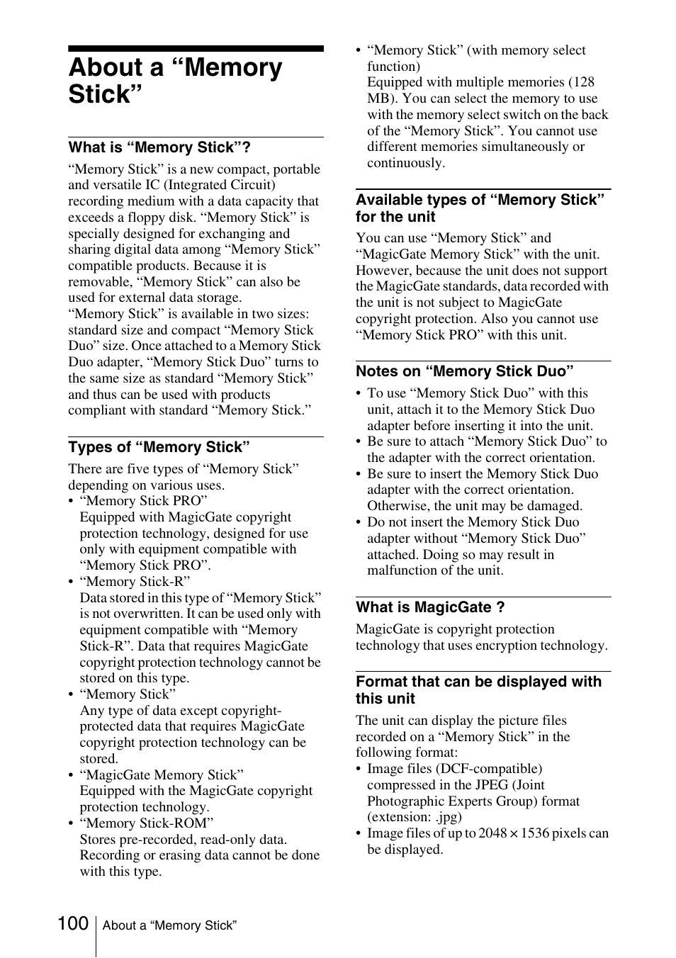About a “memory stick | Sony PCS-1/1P User Manual | Page 100 / 216