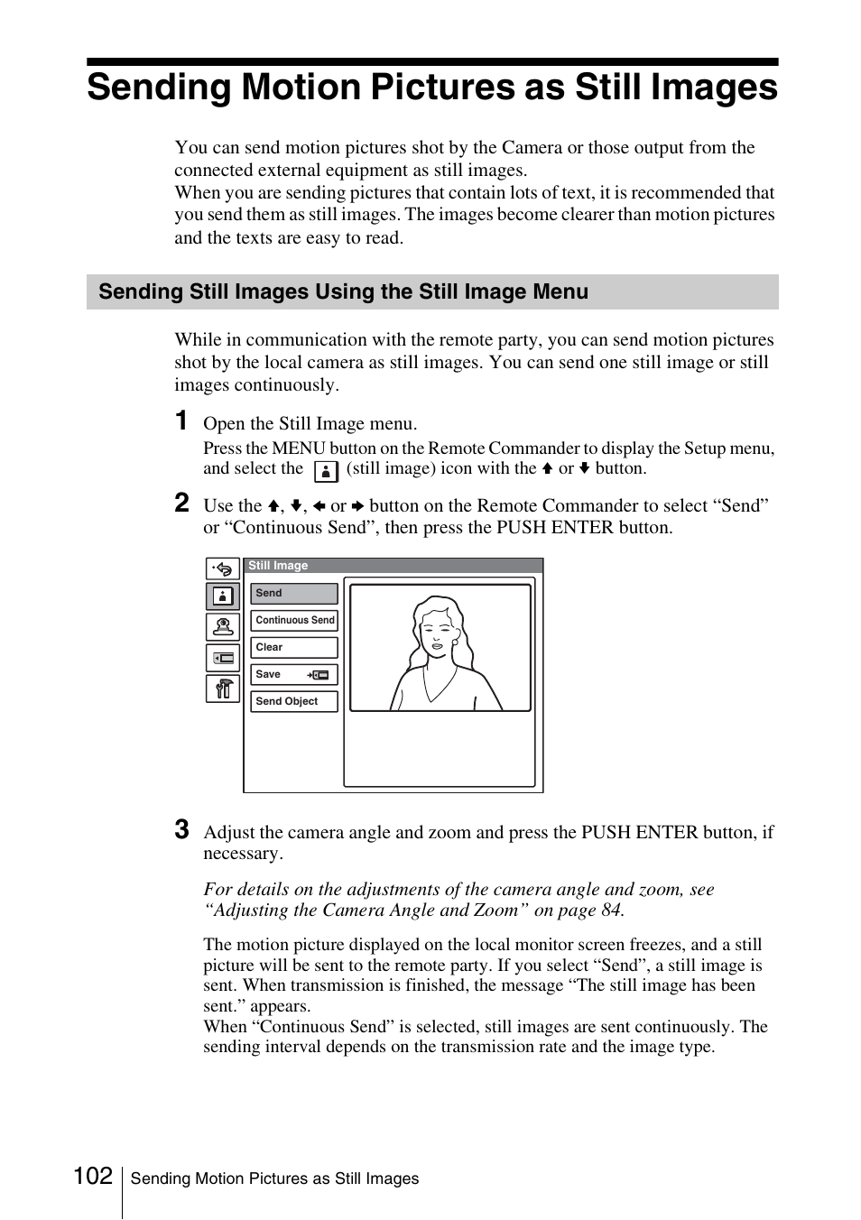Sending motion pictures as still images, Sending still images using the still image menu, Sending still images using the still | Image menu | Sony PCS-1/1P User Manual | Page 102 / 216