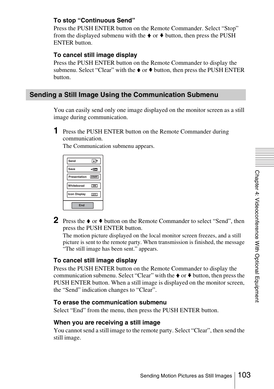 Sending a still image using the, Communication submenu | Sony PCS-1/1P User Manual | Page 103 / 216