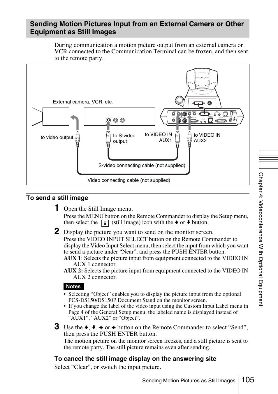 Sending motion pictures input from, Open the still image menu | Sony PCS-1/1P User Manual | Page 105 / 216