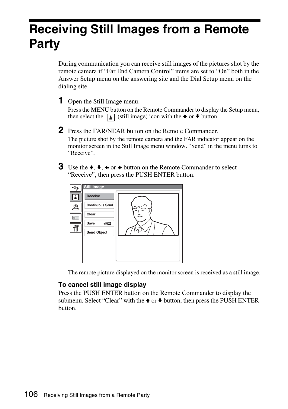 Receiving still images from a remote party | Sony PCS-1/1P User Manual | Page 106 / 216