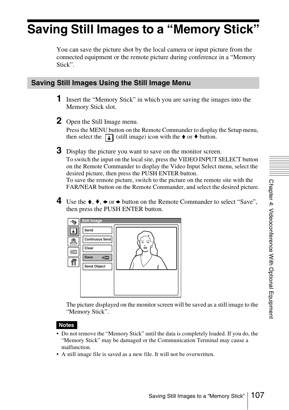 Saving still images to a “memory stick, Saving still images using the still image menu, Saving still images using the still | Image menu | Sony PCS-1/1P User Manual | Page 107 / 216