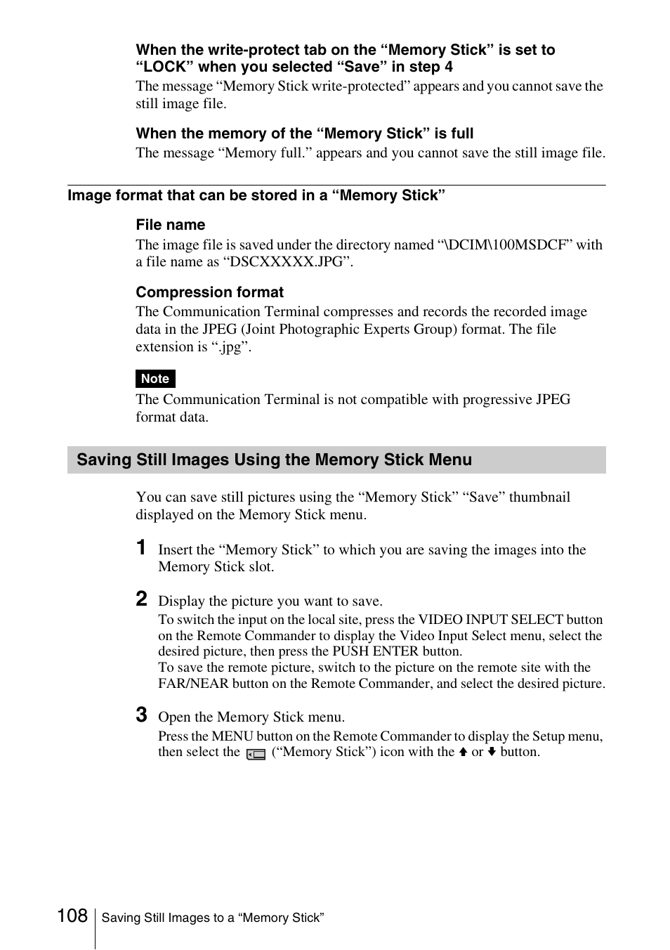 Saving still images using the memory stick menu, Saving still images using the, Memory stick menu | Sony PCS-1/1P User Manual | Page 108 / 216