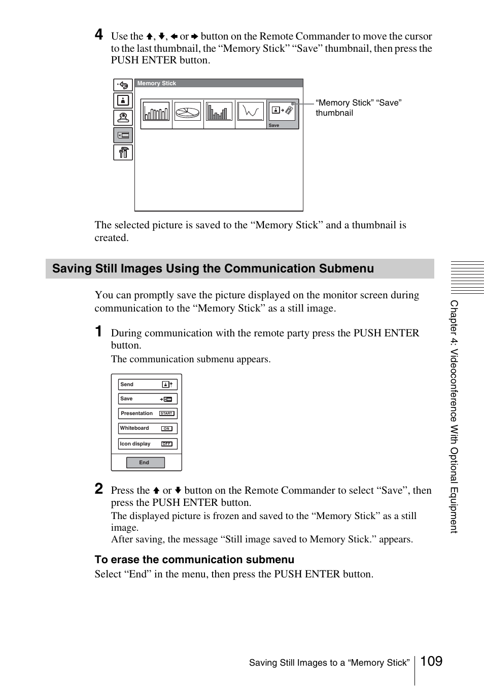 Saving still images using the, Communication submenu | Sony PCS-1/1P User Manual | Page 109 / 216