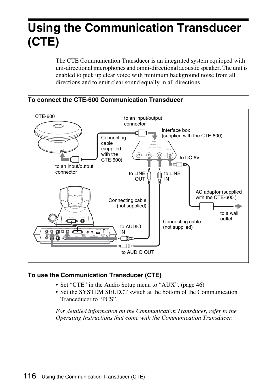 Using the communication transducer (cte) | Sony PCS-1/1P User Manual | Page 116 / 216