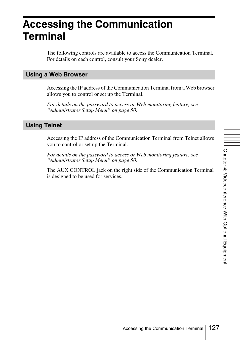 Accessing the communication terminal, Using a web browser, Using telnet | Sony PCS-1/1P User Manual | Page 127 / 216
