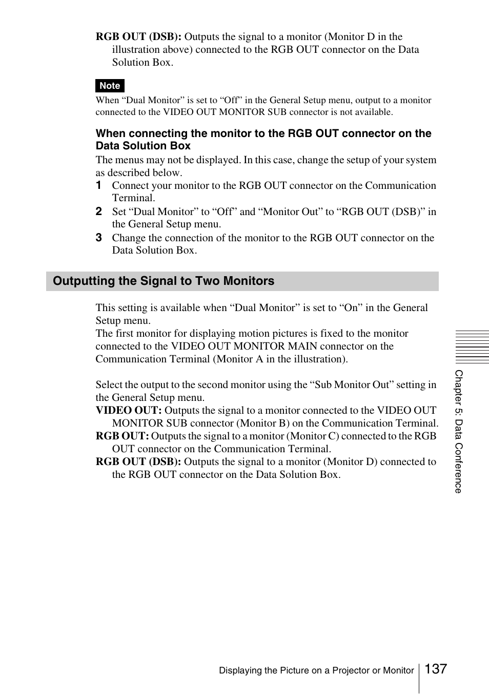 Outputting the signal to two monitors, Outputting the signal to two, Monitors | Sony PCS-1/1P User Manual | Page 137 / 216