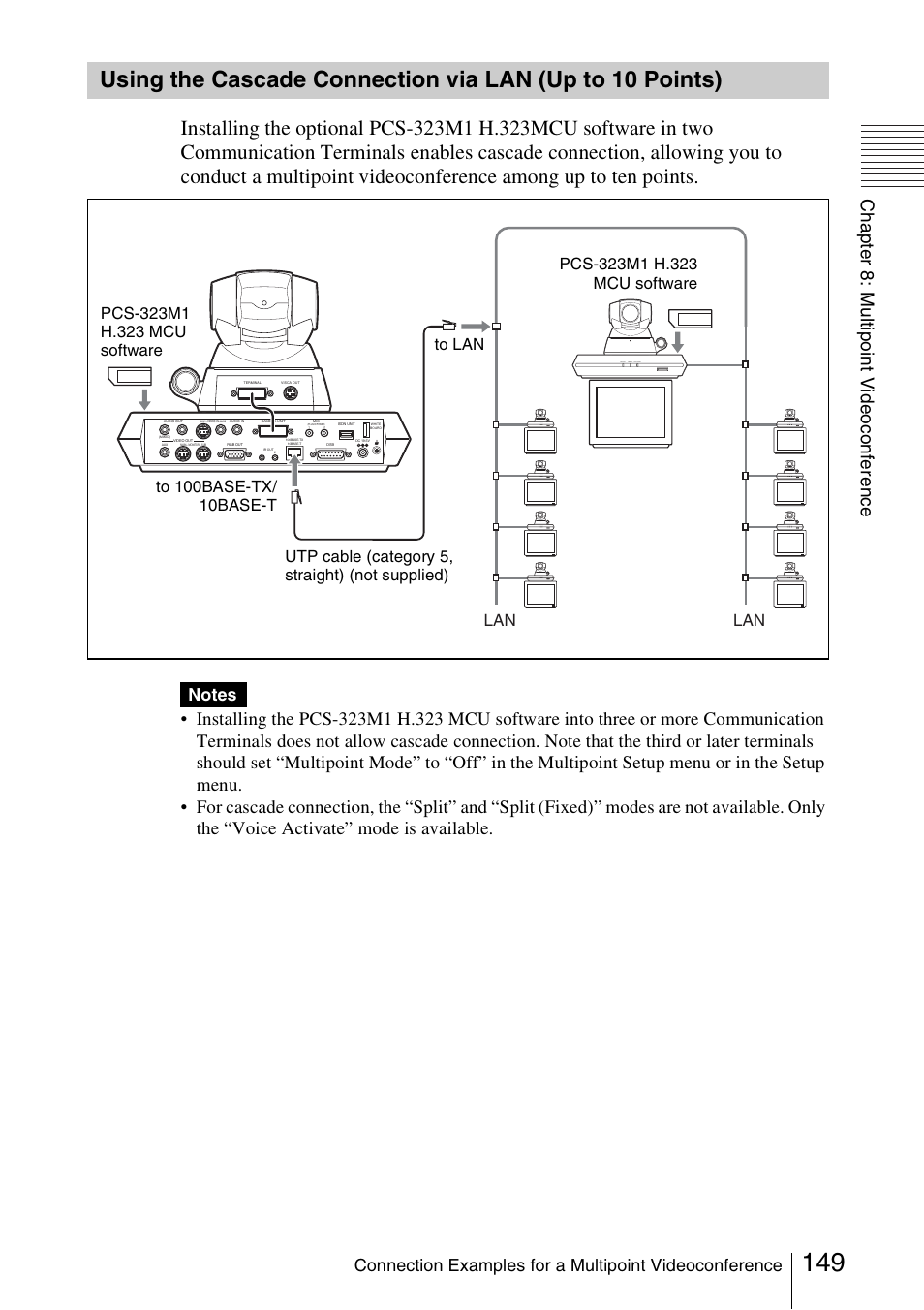 Using the cascade connection via, Lan (up to 10 points) | Sony PCS-1/1P User Manual | Page 149 / 216