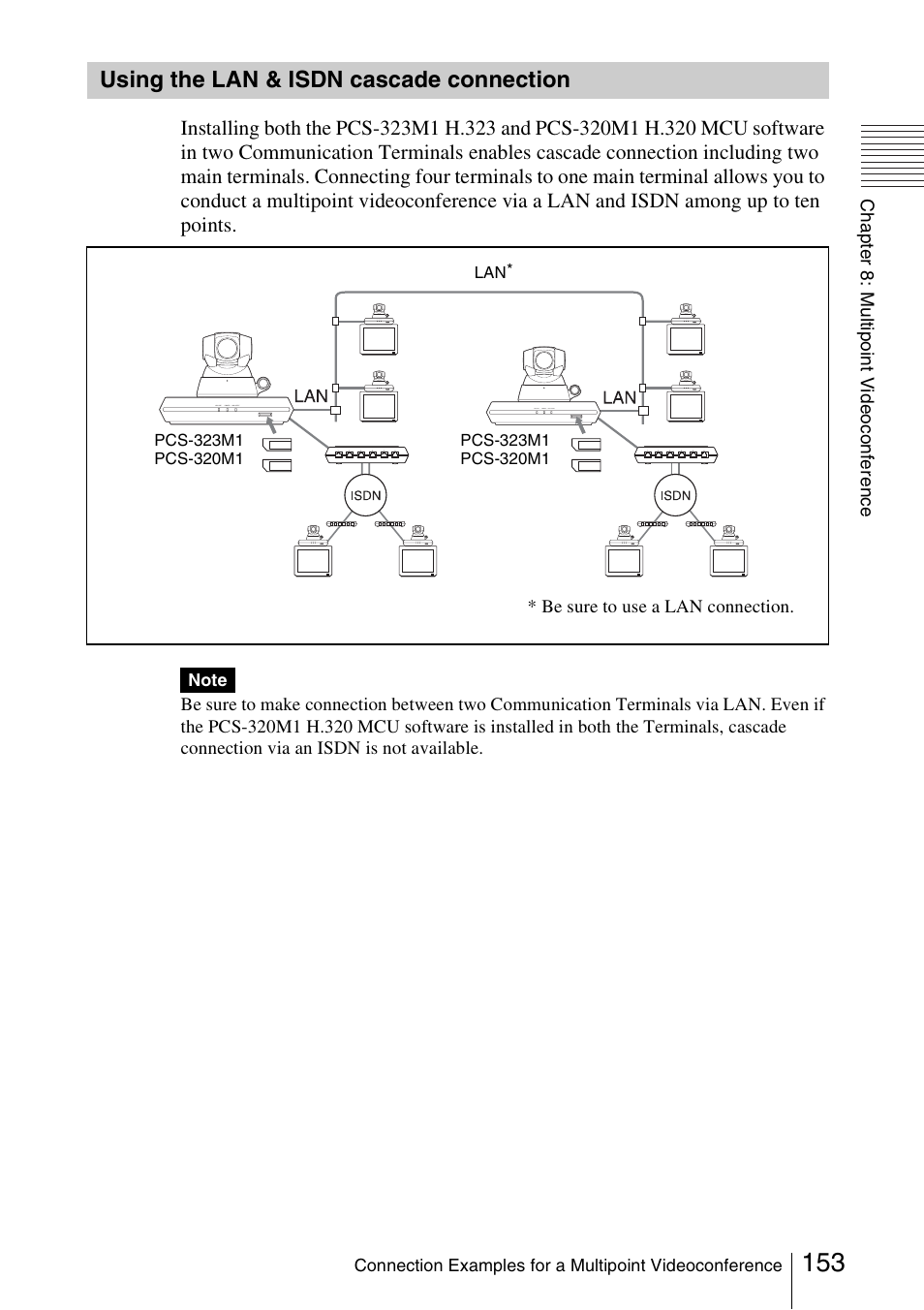 Using the lan & isdn cascade connection, Using the lan & isdn cascade, Connection | Sony PCS-1/1P User Manual | Page 153 / 216