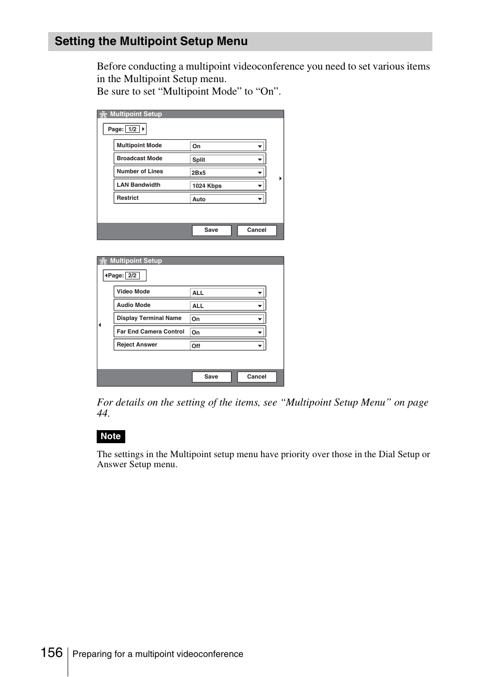 Setting the multipoint setup menu, Setting the multipoint setup, Menu | Preparing for a multipoint videoconference | Sony PCS-1/1P User Manual | Page 156 / 216