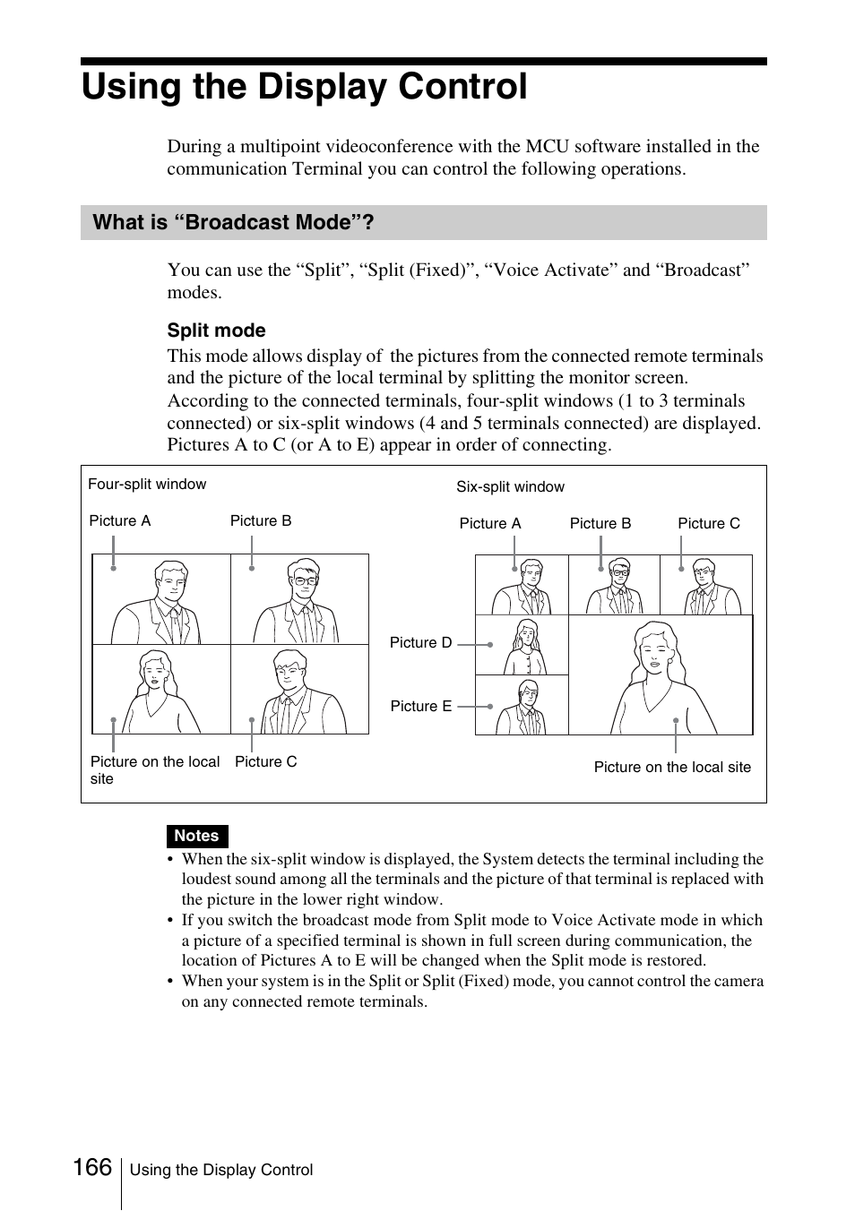 Using the display control, What is “broadcast mode | Sony PCS-1/1P User Manual | Page 166 / 216