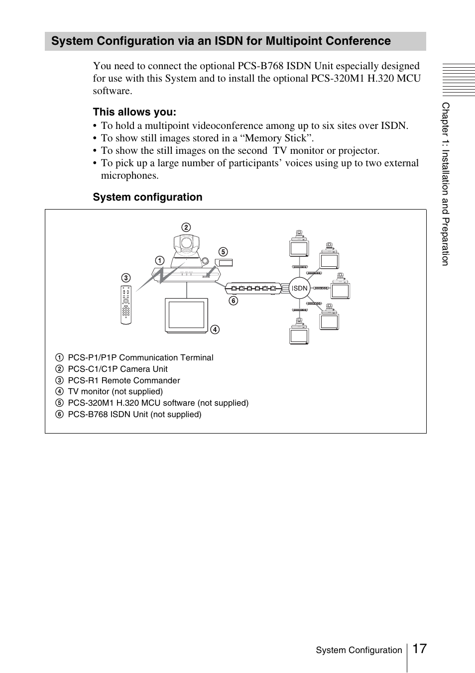 System configuration via an isdn, For multipoint conference | Sony PCS-1/1P User Manual | Page 17 / 216