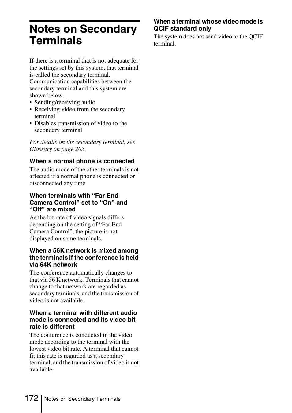 Notes on secondary terminals | Sony PCS-1/1P User Manual | Page 172 / 216