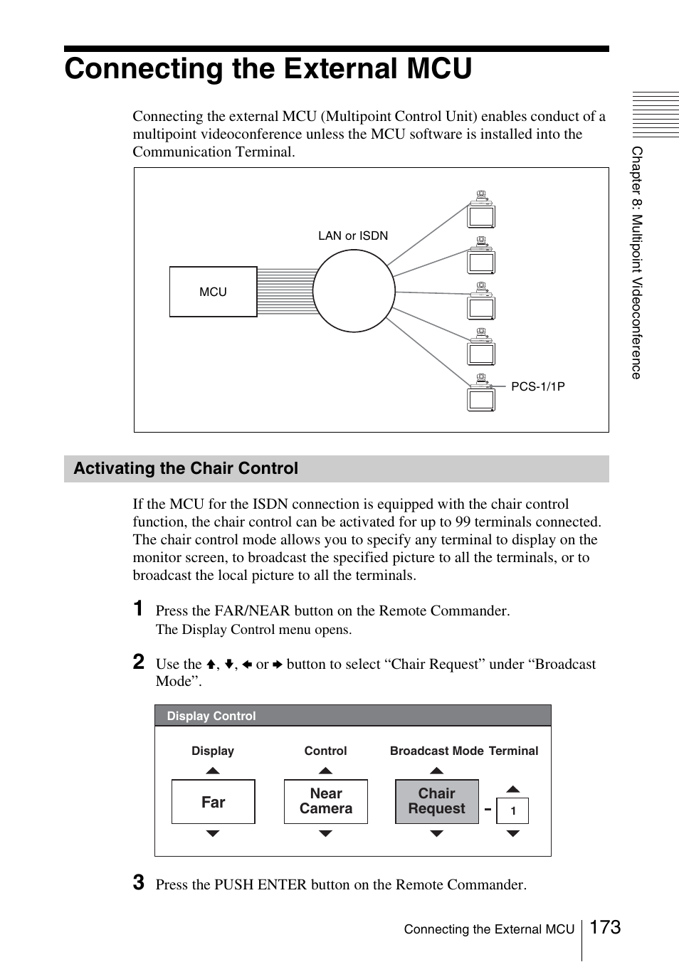 Connecting the external mcu, Activating the chair control | Sony PCS-1/1P User Manual | Page 173 / 216