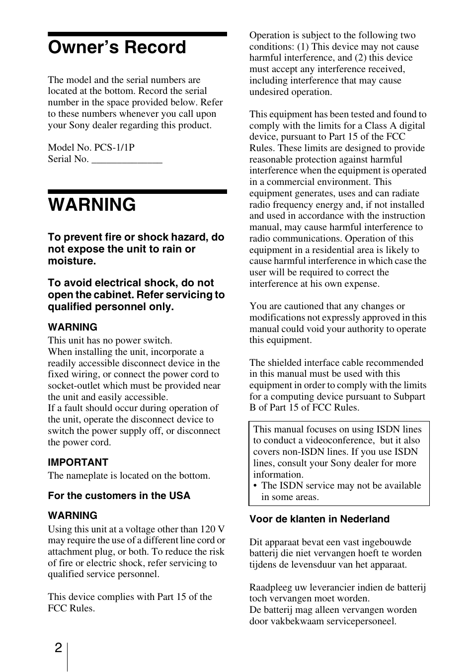 Owner’s record, Warning | Sony PCS-1/1P User Manual | Page 2 / 216