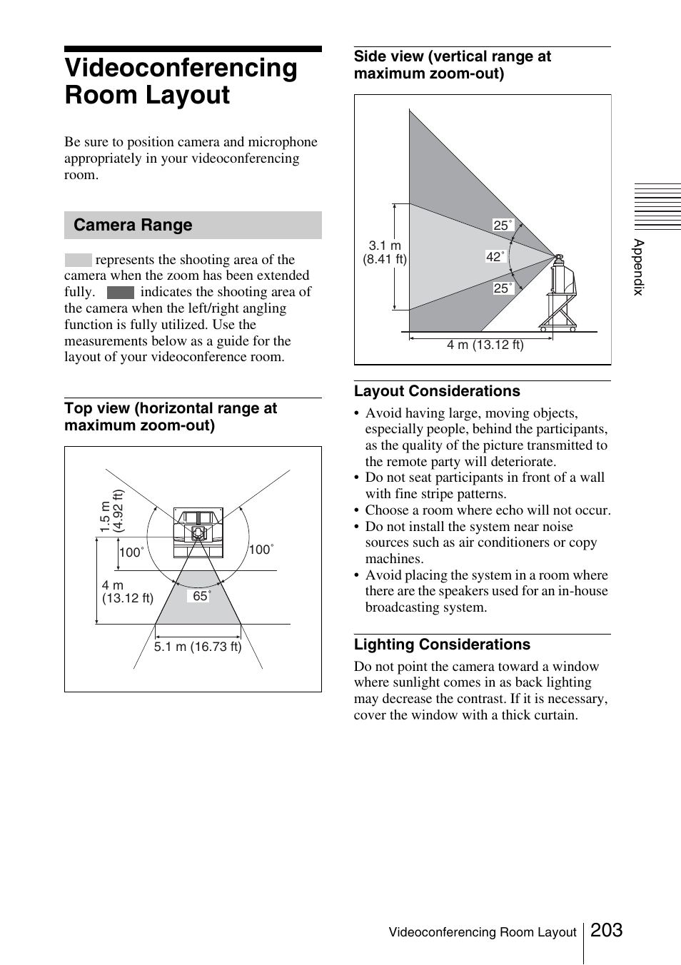 Videoconferencing room layout, Camera range, Videoconferencing room layout . 203 | Sony PCS-1/1P User Manual | Page 203 / 216