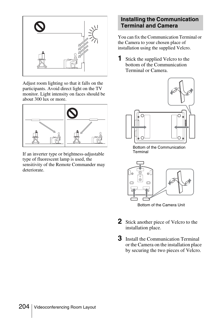 Installing the communication terminal and camera, Installing the communication, Terminal and camera | Sony PCS-1/1P User Manual | Page 204 / 216