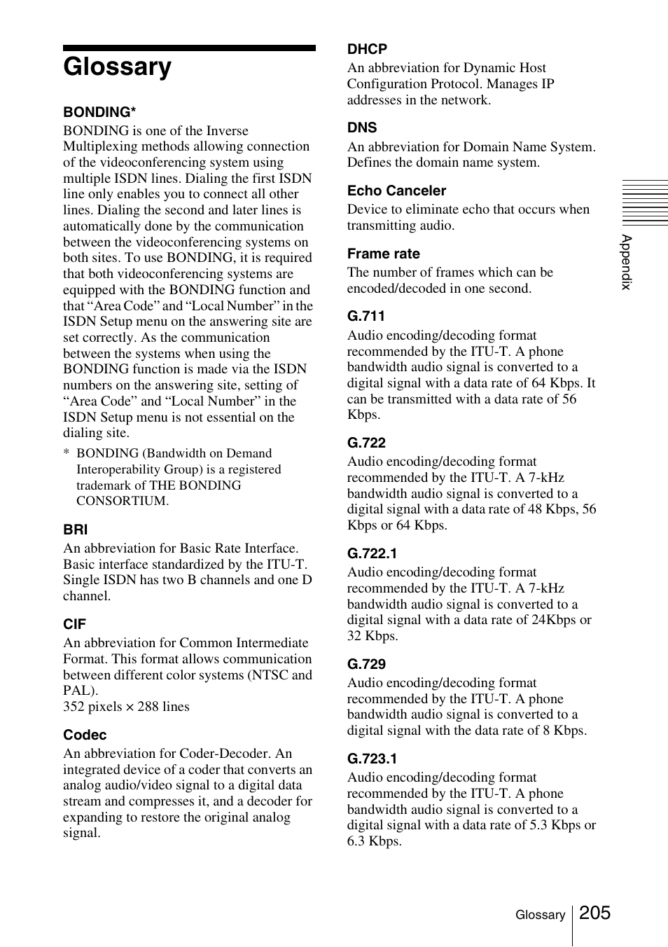 Glossary | Sony PCS-1/1P User Manual | Page 205 / 216