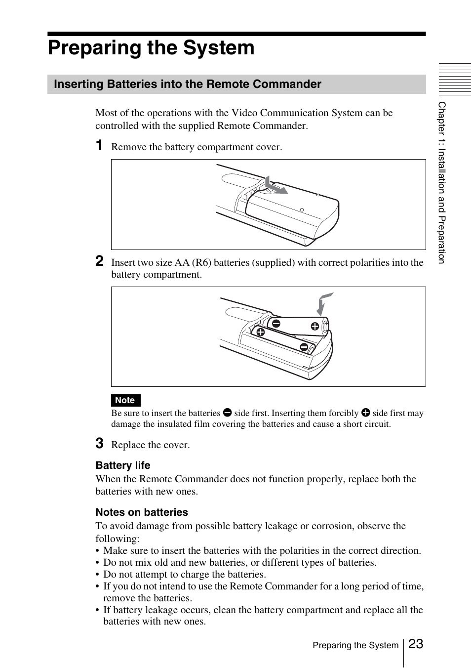 Preparing the system, Inserting batteries into the remote commander, Inserting batteries into the remote | Commander | Sony PCS-1/1P User Manual | Page 23 / 216