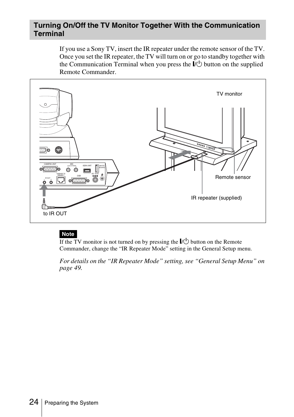 Turning on/off the tv monitor, Together with the communication terminal 24, Button on the supplied remote commander | If the tv monitor is not turned on by pressing the, Preparing the system | Sony PCS-1/1P User Manual | Page 24 / 216