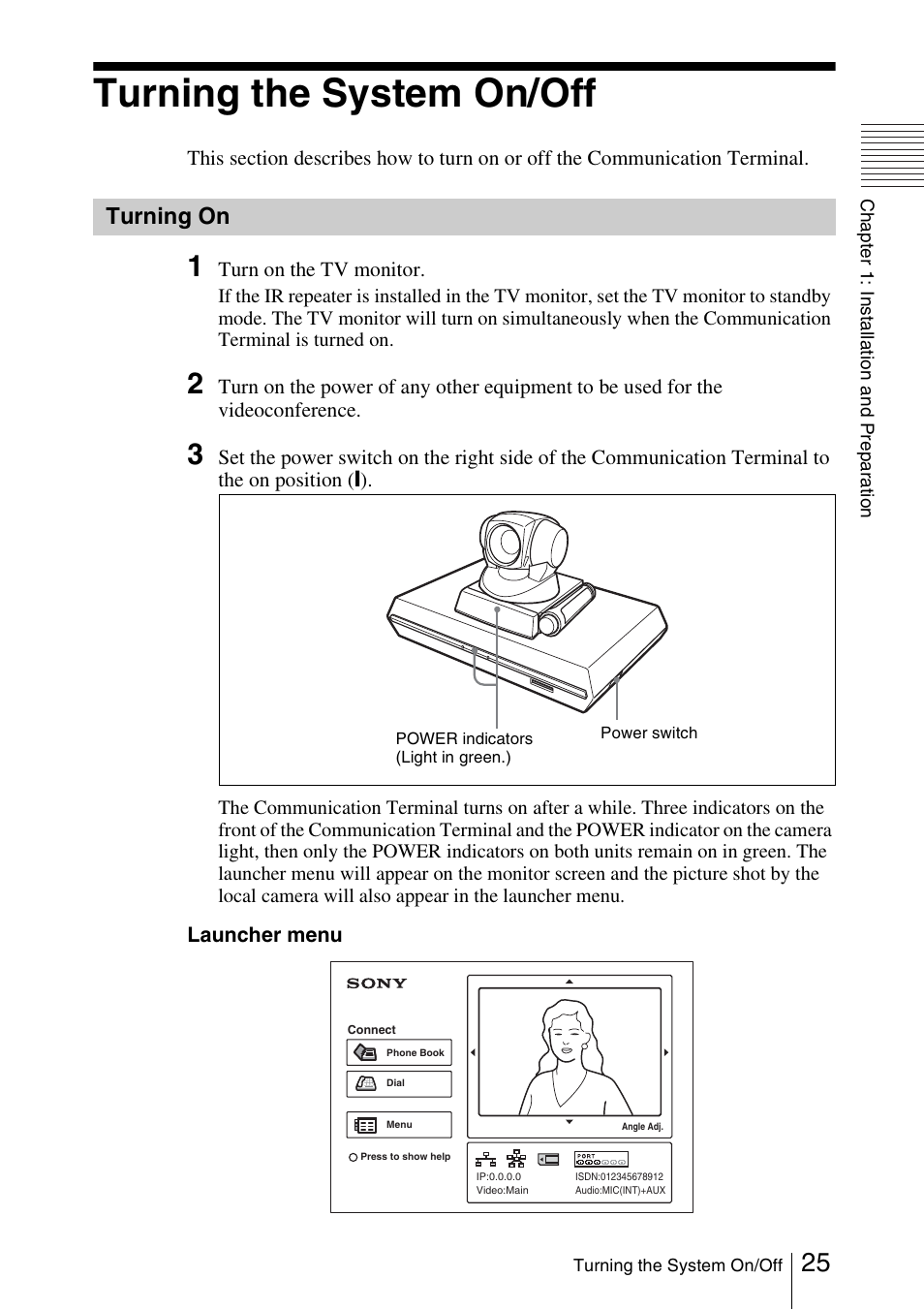 Turning the system on/off, Turning on | Sony PCS-1/1P User Manual | Page 25 / 216