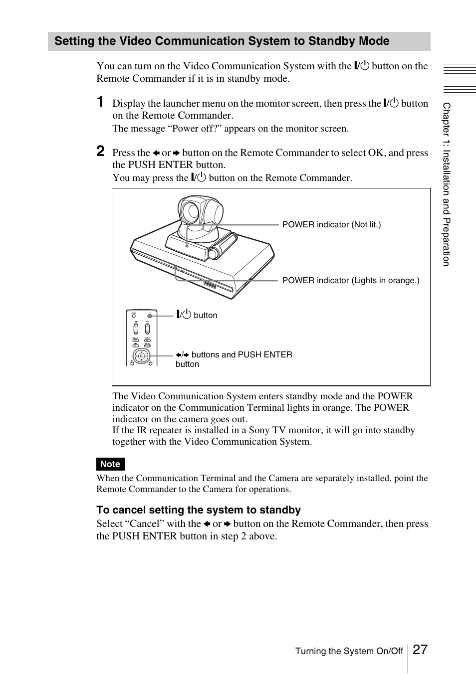 Setting the video communication, System to standby mode .27 | Sony PCS-1/1P User Manual | Page 27 / 216