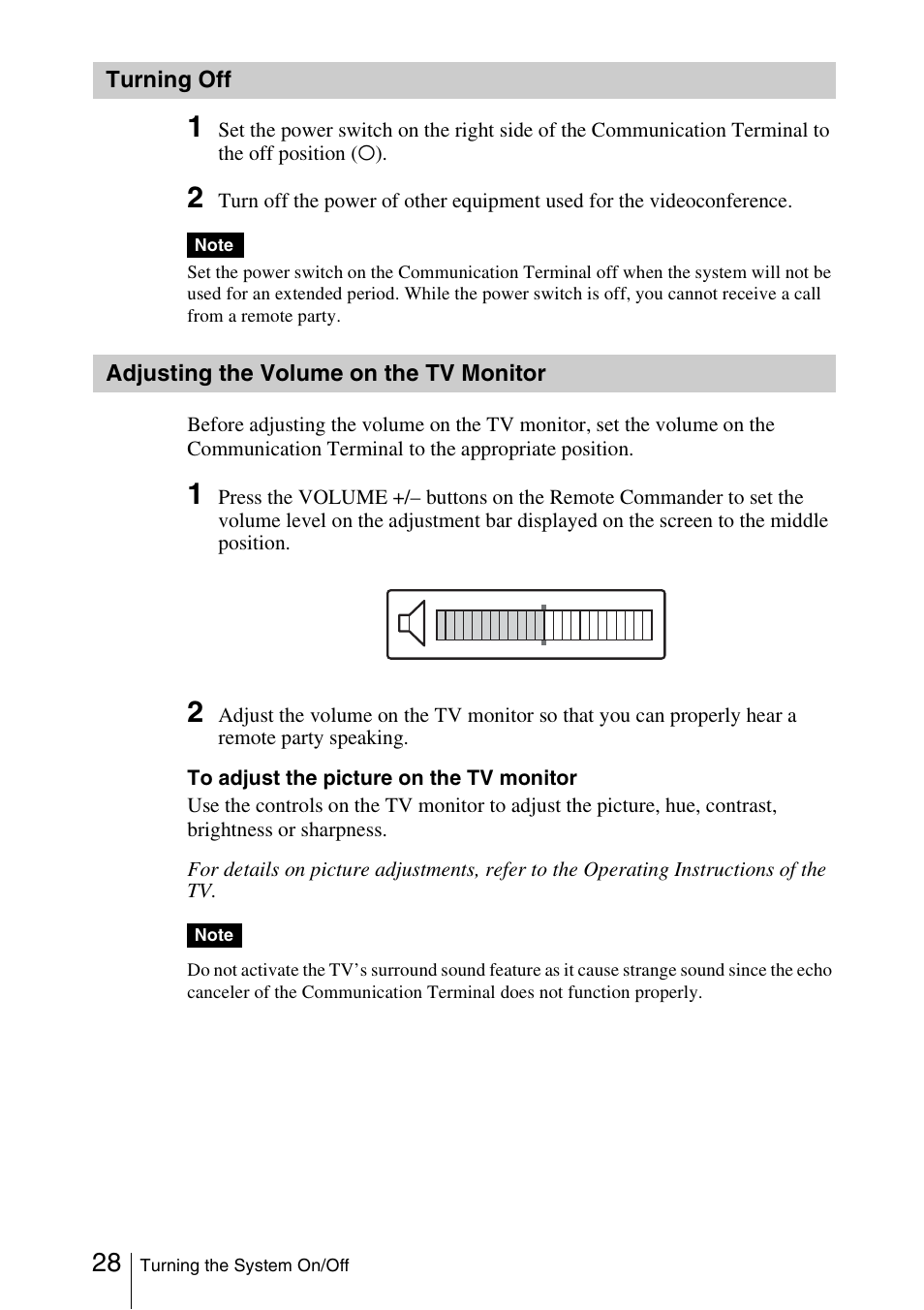 Turning off, Adjusting the volume on the tv monitor, Adjusting the volume on the tv | Monitor | Sony PCS-1/1P User Manual | Page 28 / 216