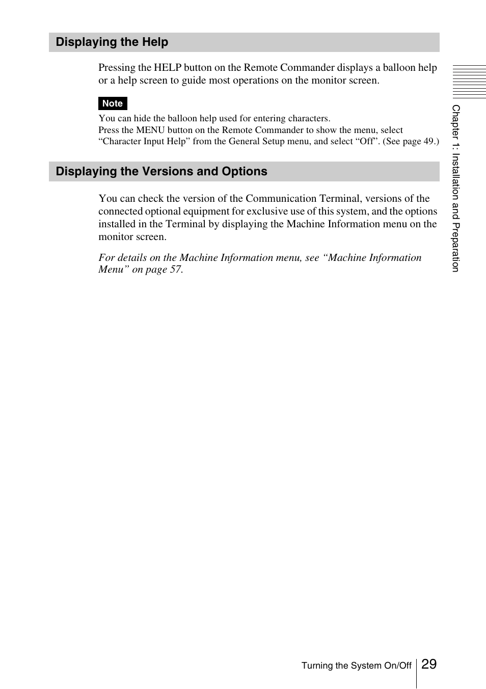 Displaying the help, Displaying the versions and options, Displaying the versions and | Options | Sony PCS-1/1P User Manual | Page 29 / 216
