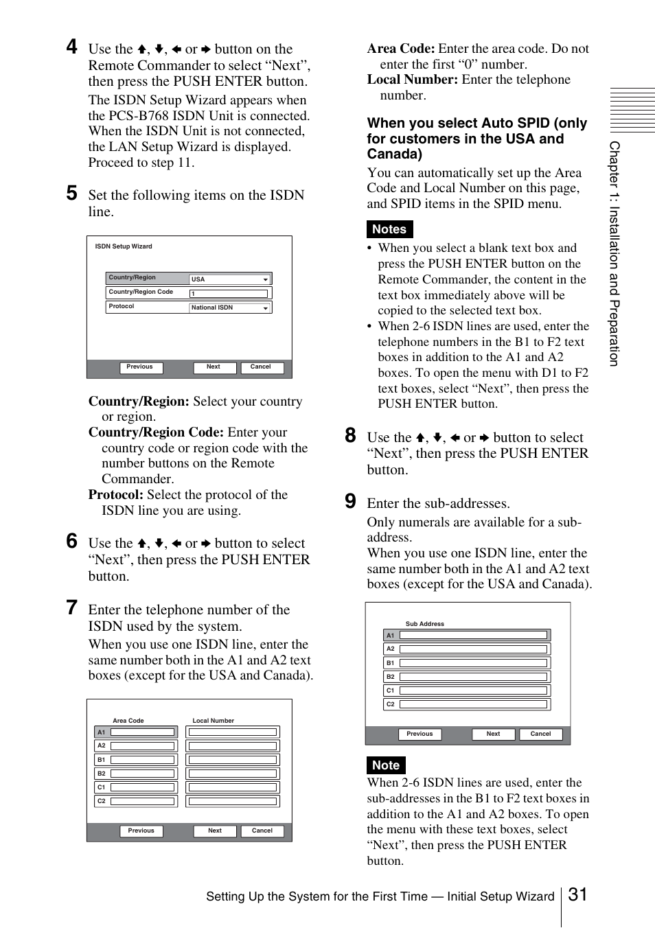 Set the following items on the isdn line, Enter the sub-addresses | Sony PCS-1/1P User Manual | Page 31 / 216