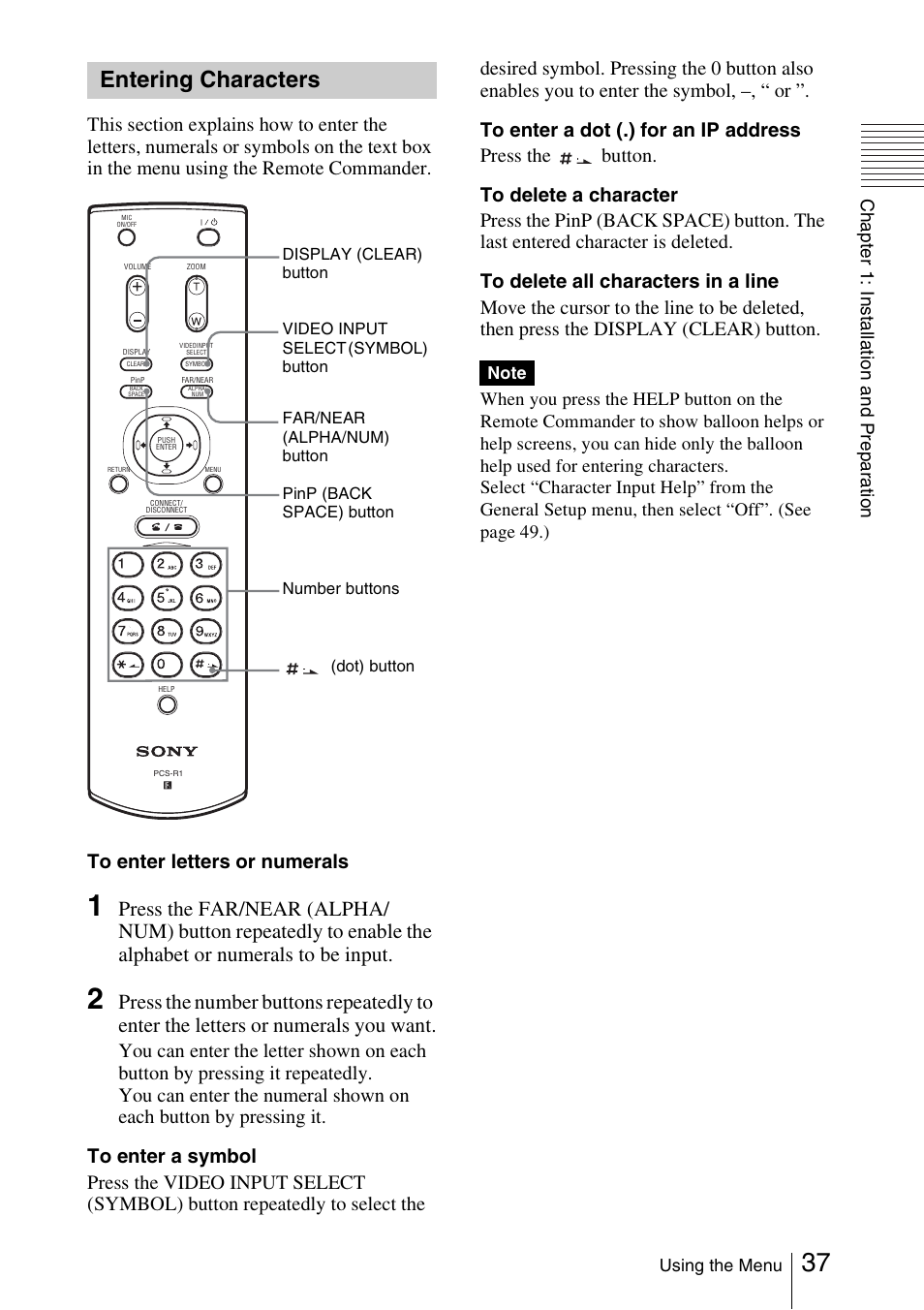 Entering characters | Sony PCS-1/1P User Manual | Page 37 / 216