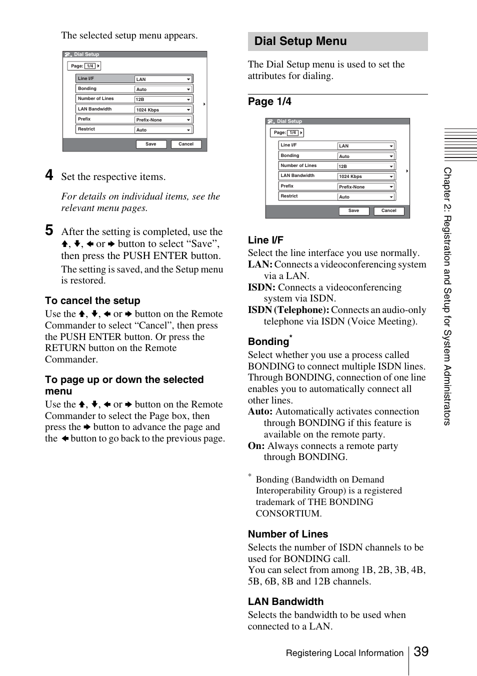 Dial setup menu, Set the respective items, V, v, b or b | Page 1/4 | Sony PCS-1/1P User Manual | Page 39 / 216