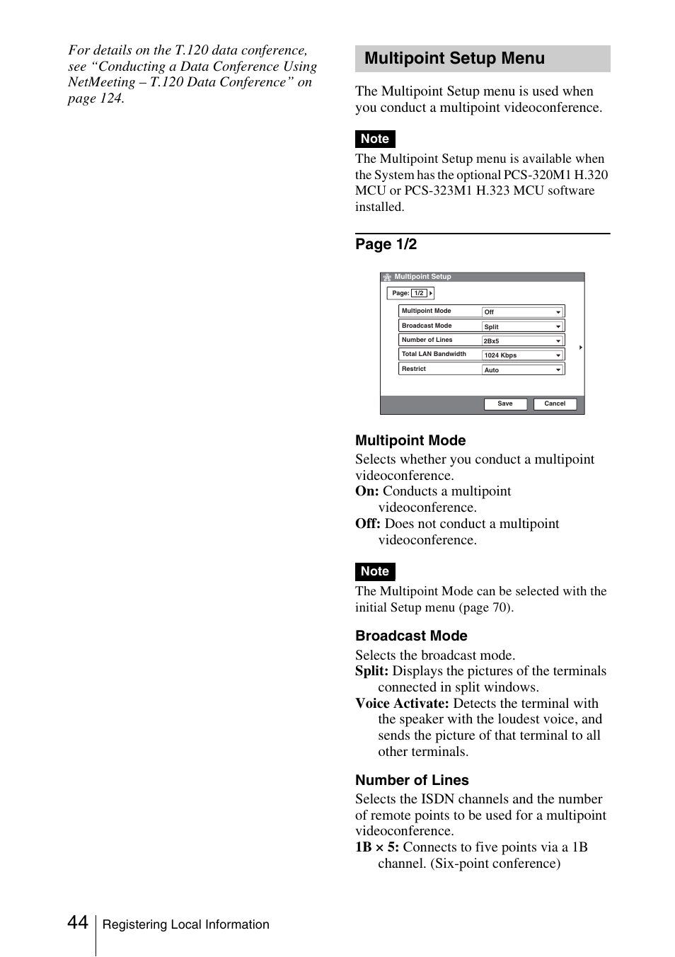 Multipoint setup menu, Page 1/2 | Sony PCS-1/1P User Manual | Page 44 / 216