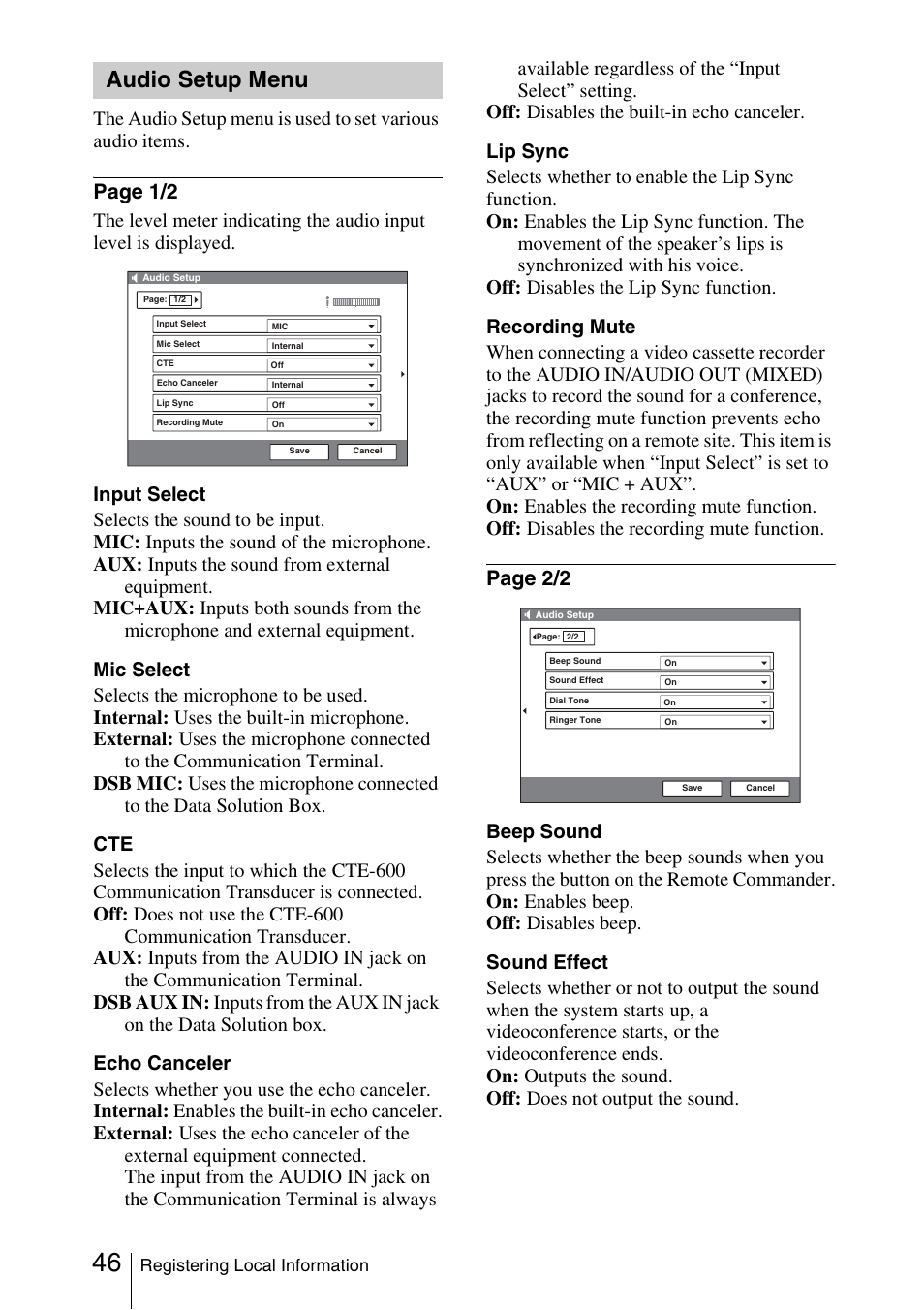 Audio setup menu, Page 1/2, Page 2/2 | Sony PCS-1/1P User Manual | Page 46 / 216