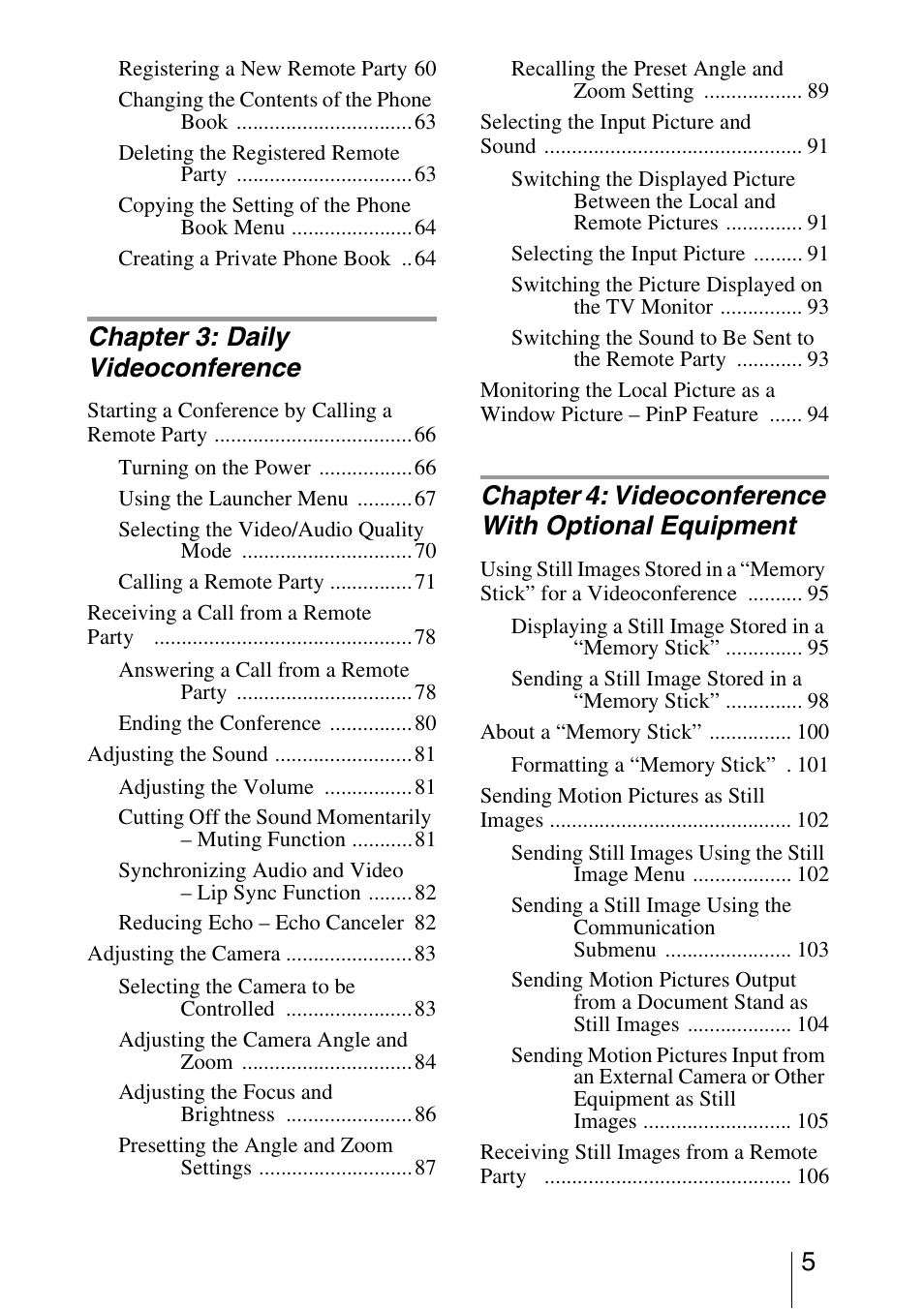 Chapter 3: daily videoconference, Chapter 4: videoconference with optional equipment | Sony PCS-1/1P User Manual | Page 5 / 216