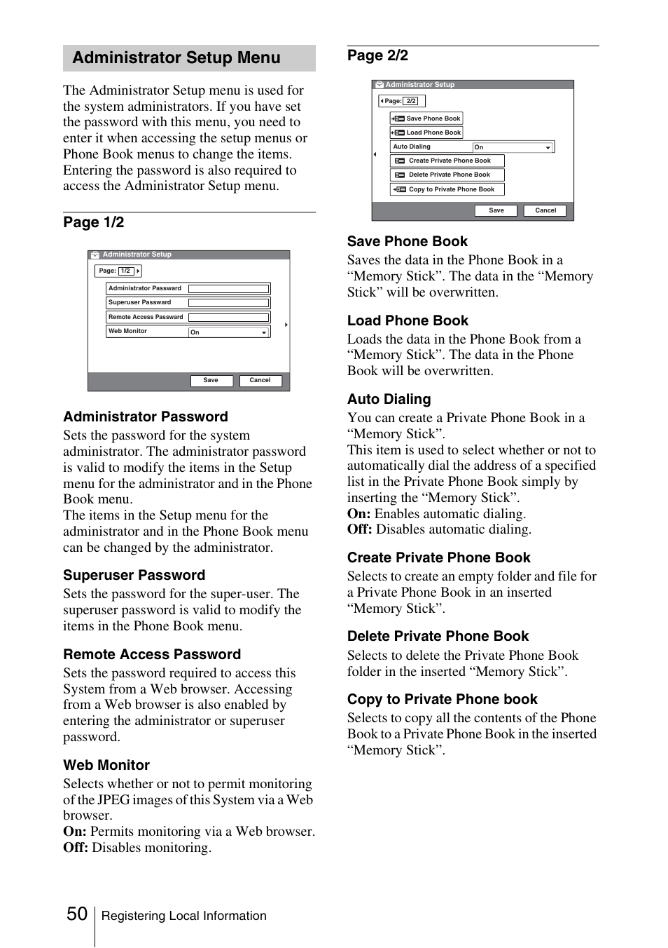 Administrator setup menu, Page 1/2, Page 2/2 | Sony PCS-1/1P User Manual | Page 50 / 216