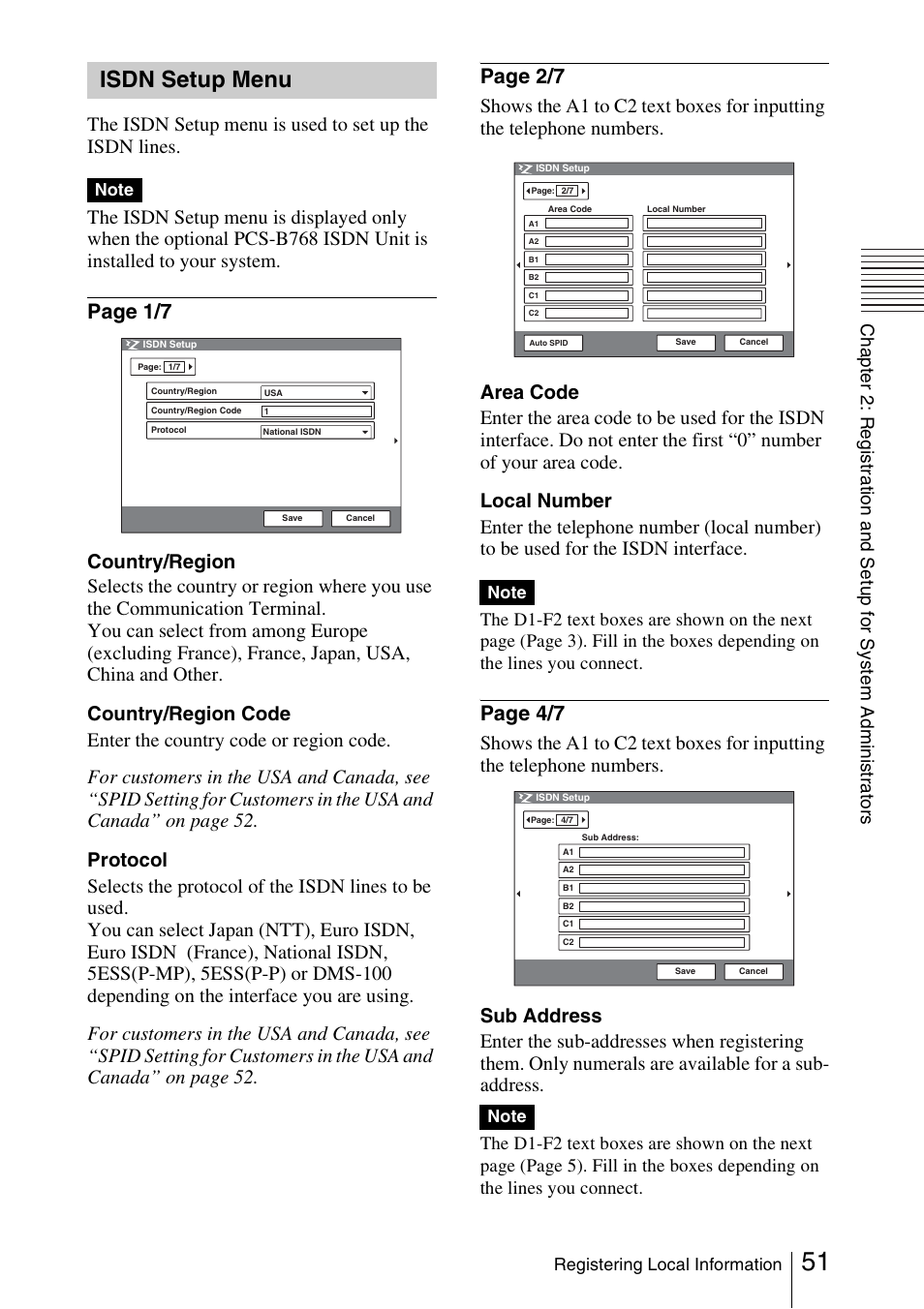Isdn setup menu, Page 1/7, Page 2/7 | Page 4/7 | Sony PCS-1/1P User Manual | Page 51 / 216