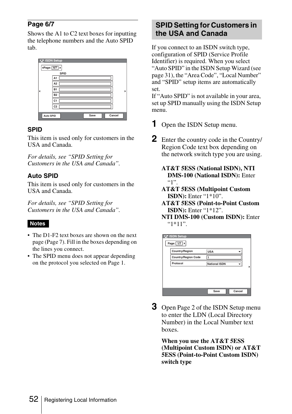 Spid setting for customers in the usa and canada, Spid setting for customers in the, Usa and canada | Page 6/7, Open the isdn setup menu | Sony PCS-1/1P User Manual | Page 52 / 216