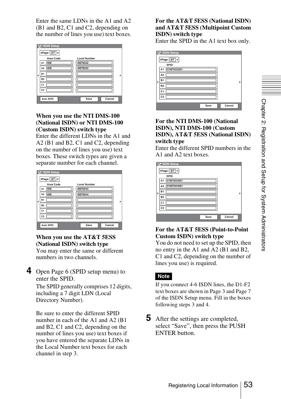 Open page 6 (spid setup menu) to enter the spid, Registering local information | Sony PCS-1/1P User Manual | Page 53 / 216