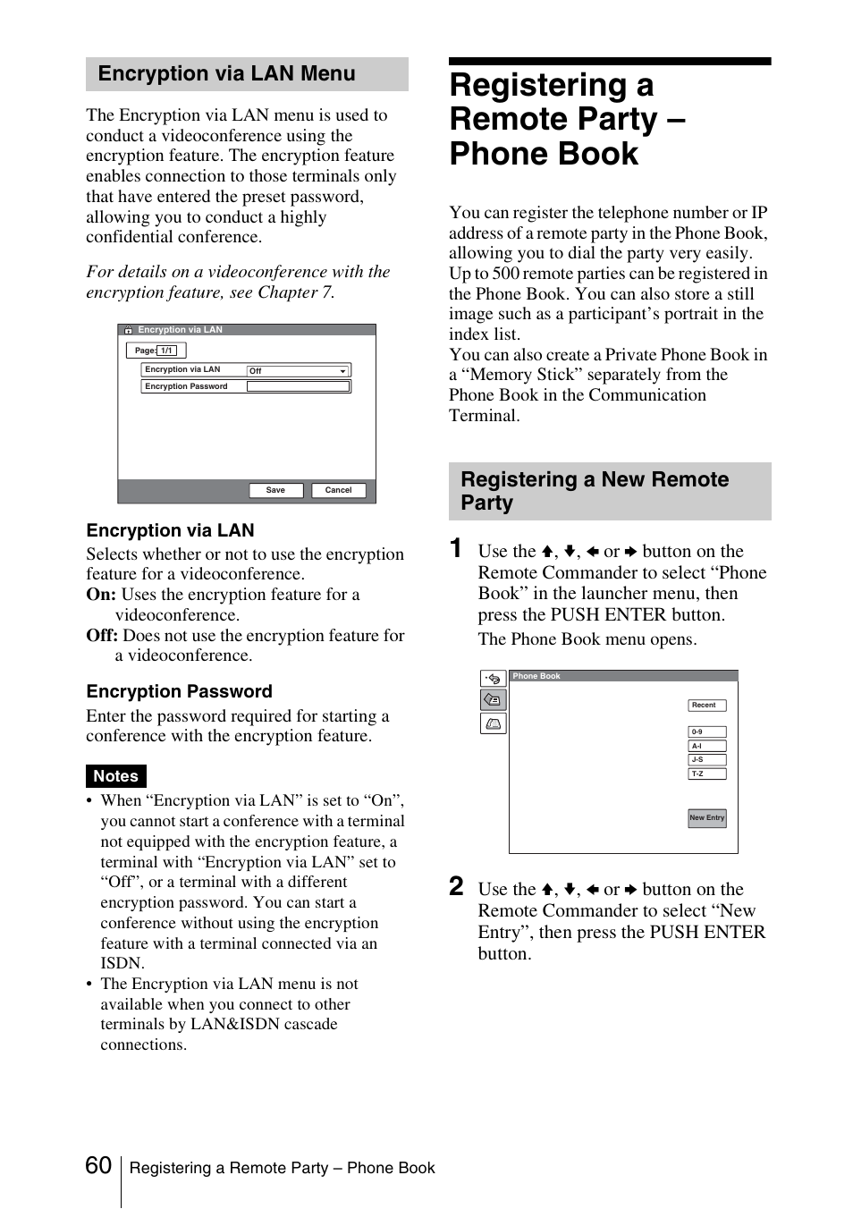 Encryption via lan menu, Registering a remote party – phone book, Registering a new remote party | Registering a new remote party 60, 60 t | Sony PCS-1/1P User Manual | Page 60 / 216