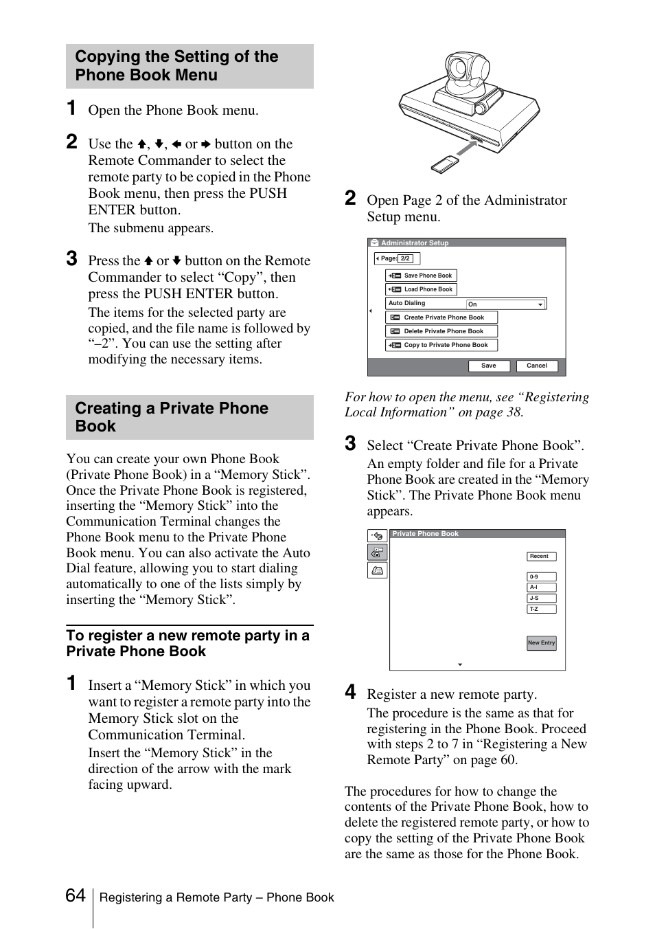 Copying the setting of the phone book menu, Creating a private phone book, Copying the setting of the phone | Book menu | Sony PCS-1/1P User Manual | Page 64 / 216