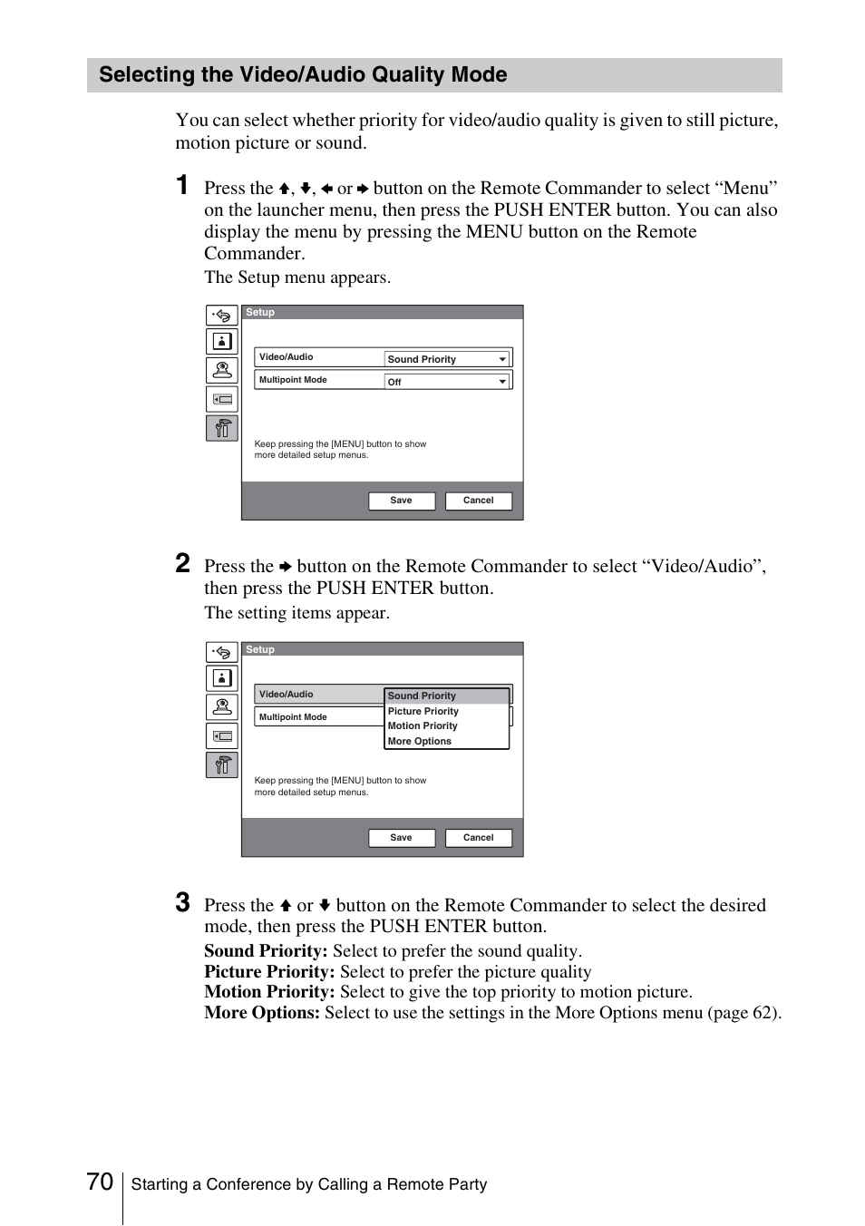 Selecting the video/audio quality mode, Selecting the video/audio quality, Mode | Press the, V, v, b or b, The setup menu appears, The setting items appear | Sony PCS-1/1P User Manual | Page 70 / 216