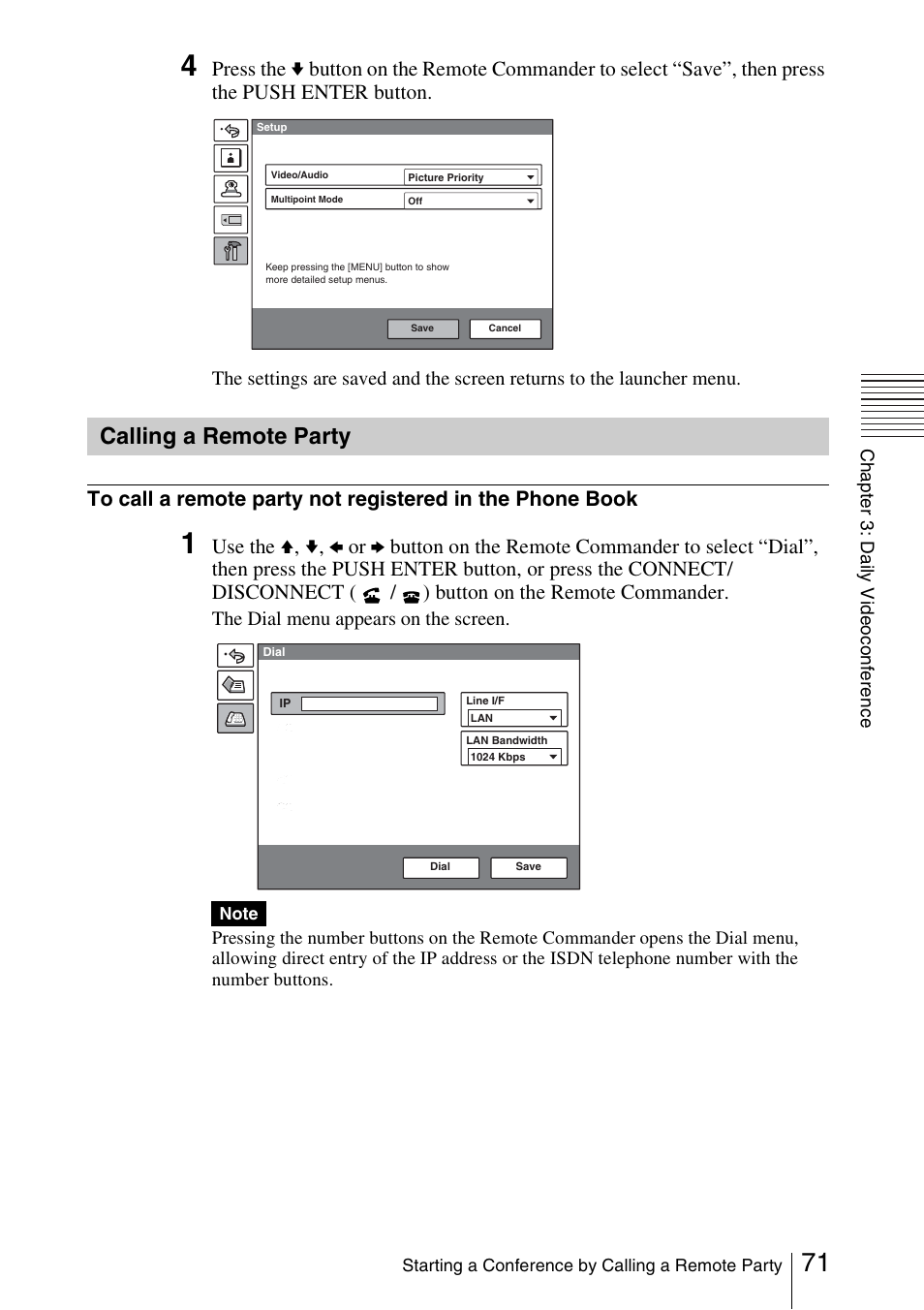 Calling a remote party, Nd 71, The dial menu appears on the screen | Sony PCS-1/1P User Manual | Page 71 / 216