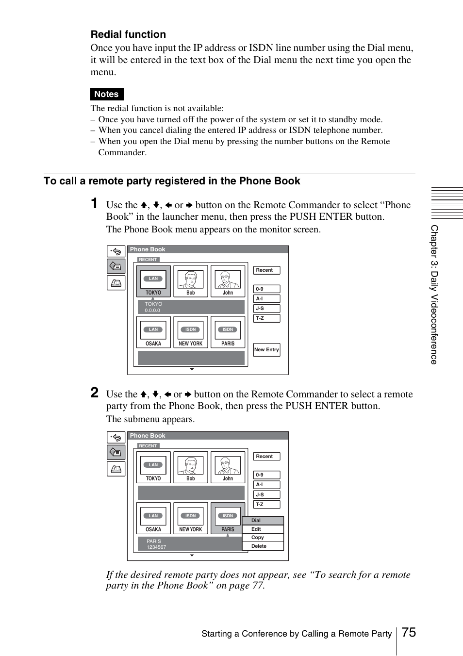 D 75, The phone book menu appears on the monitor screen, The submenu appears | Sony PCS-1/1P User Manual | Page 75 / 216