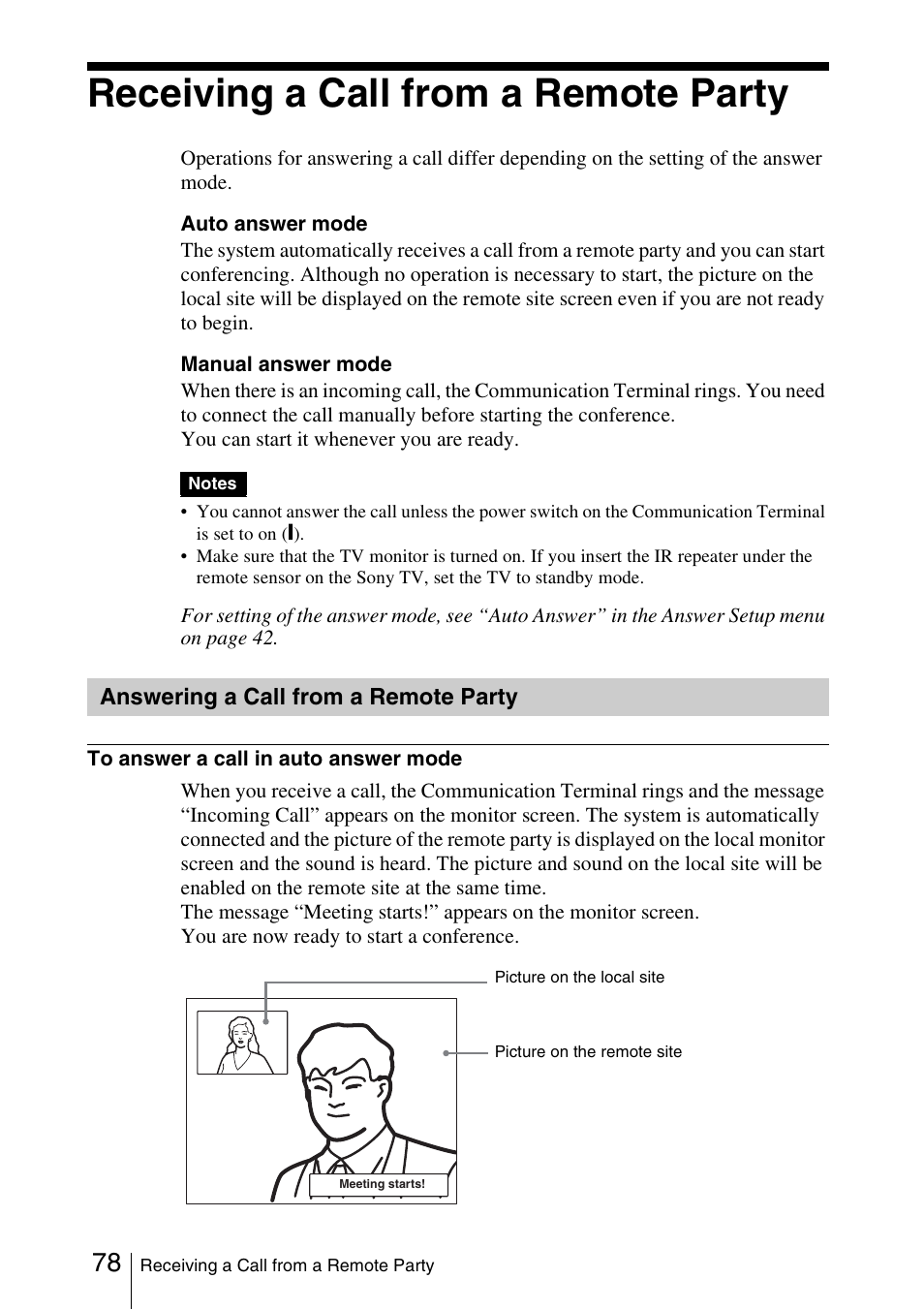 Receiving a call from a remote party, Answering a call from a remote party, Answering a call from a remote | Party | Sony PCS-1/1P User Manual | Page 78 / 216