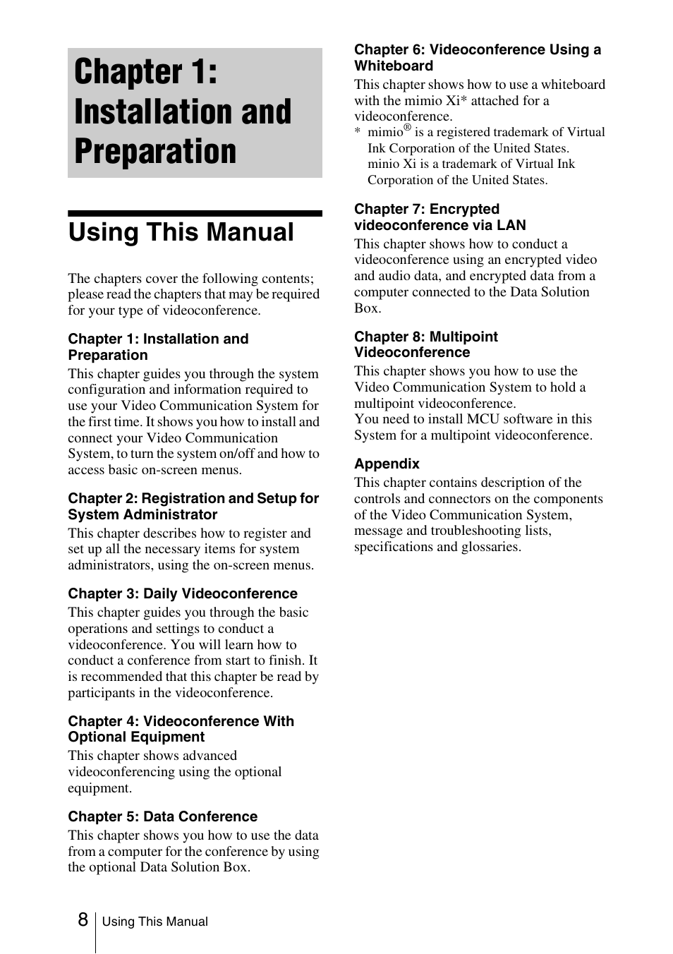 Chapter 1: installation and preparation, Using this manual | Sony PCS-1/1P User Manual | Page 8 / 216