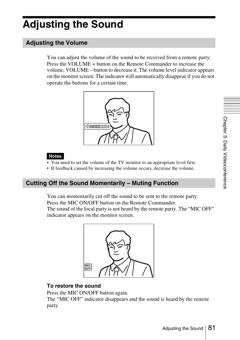 Adjusting the sound, Adjusting the volume, Cutting off the sound momentarily | Muting function | Sony PCS-1/1P User Manual | Page 81 / 216