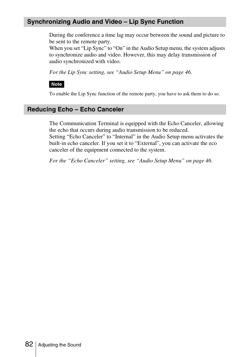 Synchronizing audio and video – lip sync function, Reducing echo – echo canceler, Synchronizing audio and video | Lip sync function, Reducing echo – echo canceler 82 | Sony PCS-1/1P User Manual | Page 82 / 216