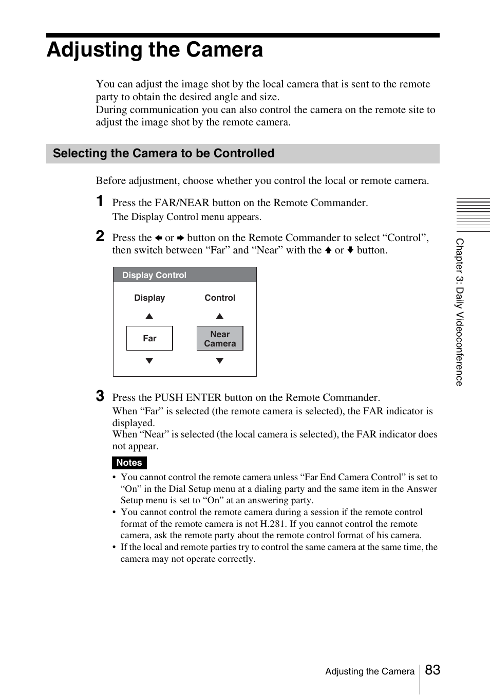 Adjusting the camera, Selecting the camera to be controlled, Selecting the camera to be | Controlled | Sony PCS-1/1P User Manual | Page 83 / 216