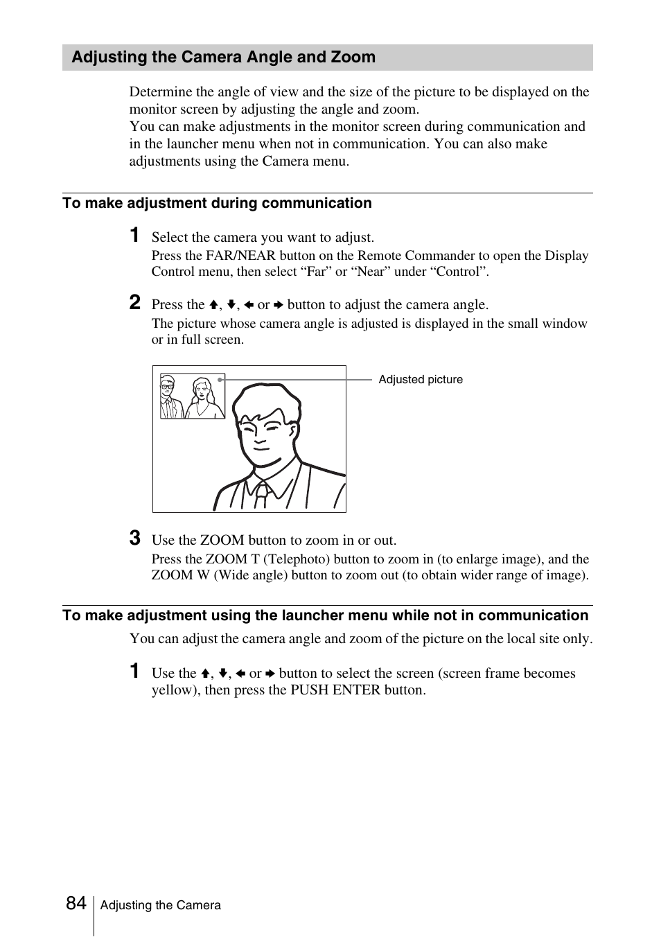 Adjusting the camera angle and zoom, Adjusting the camera angle and, Zoom | Sony PCS-1/1P User Manual | Page 84 / 216