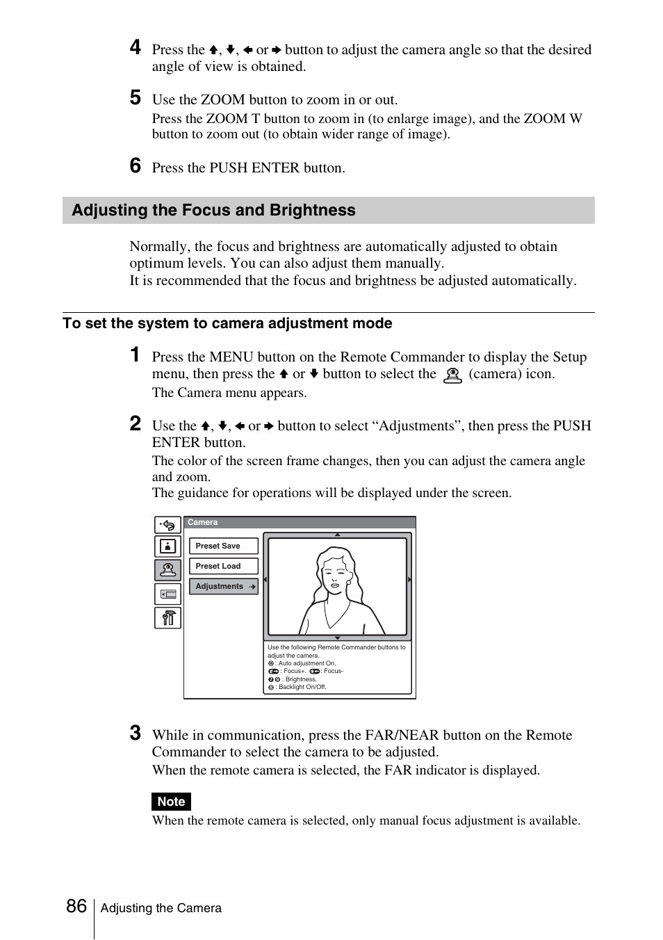 Adjusting the focus and brightness, Adjusting the focus and, Brightness | Sony PCS-1/1P User Manual | Page 86 / 216